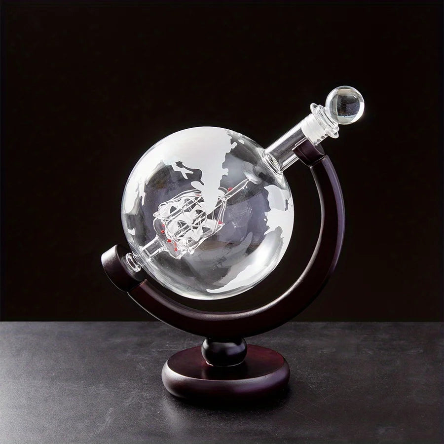 900ML Creative Globe Decanter Set with Lead-free Carafe Exquisite Wood-stand and 2 Glasses Whiskey