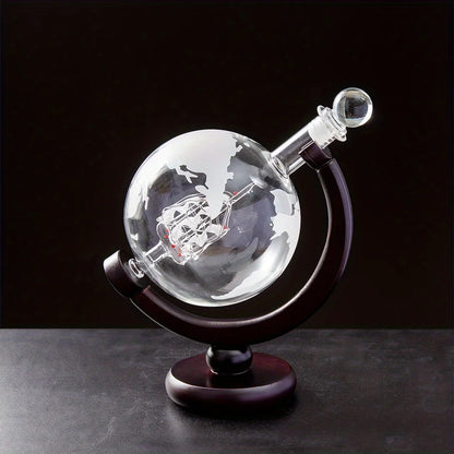 900ML Creative Globe Decanter Set with Lead-free Carafe Exquisite Wood-stand and 2 Glasses Whiskey