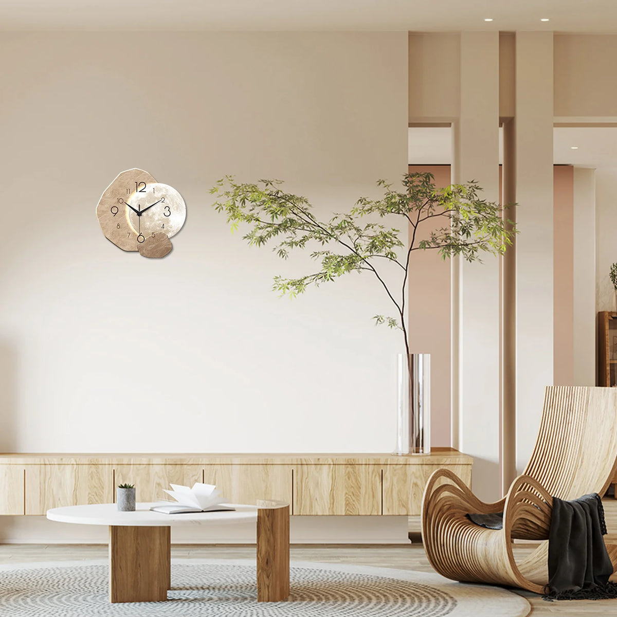 Modern Simple Silent Wall Clock Moon Design Quartz Movement Wooden Material for Bedroom Living