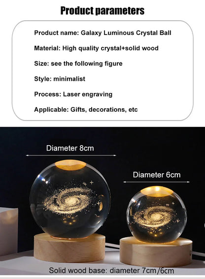 3D Galaxy Crystal Ball Night Light Bedroom Lighting Gift Ideas Moon Lamp Warm 3000K Glow