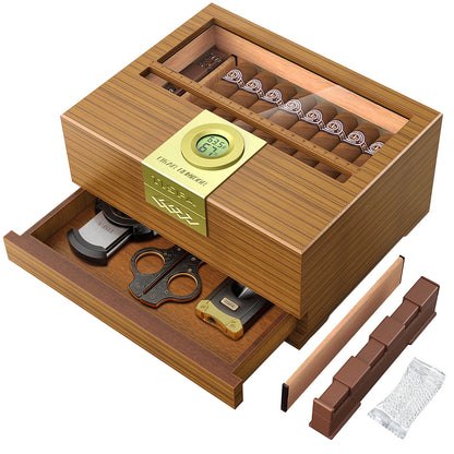 Cigar Box Humidor with Hygrometer and Humidifier Cedar Wooden Case Drawer Divider Length Gauge