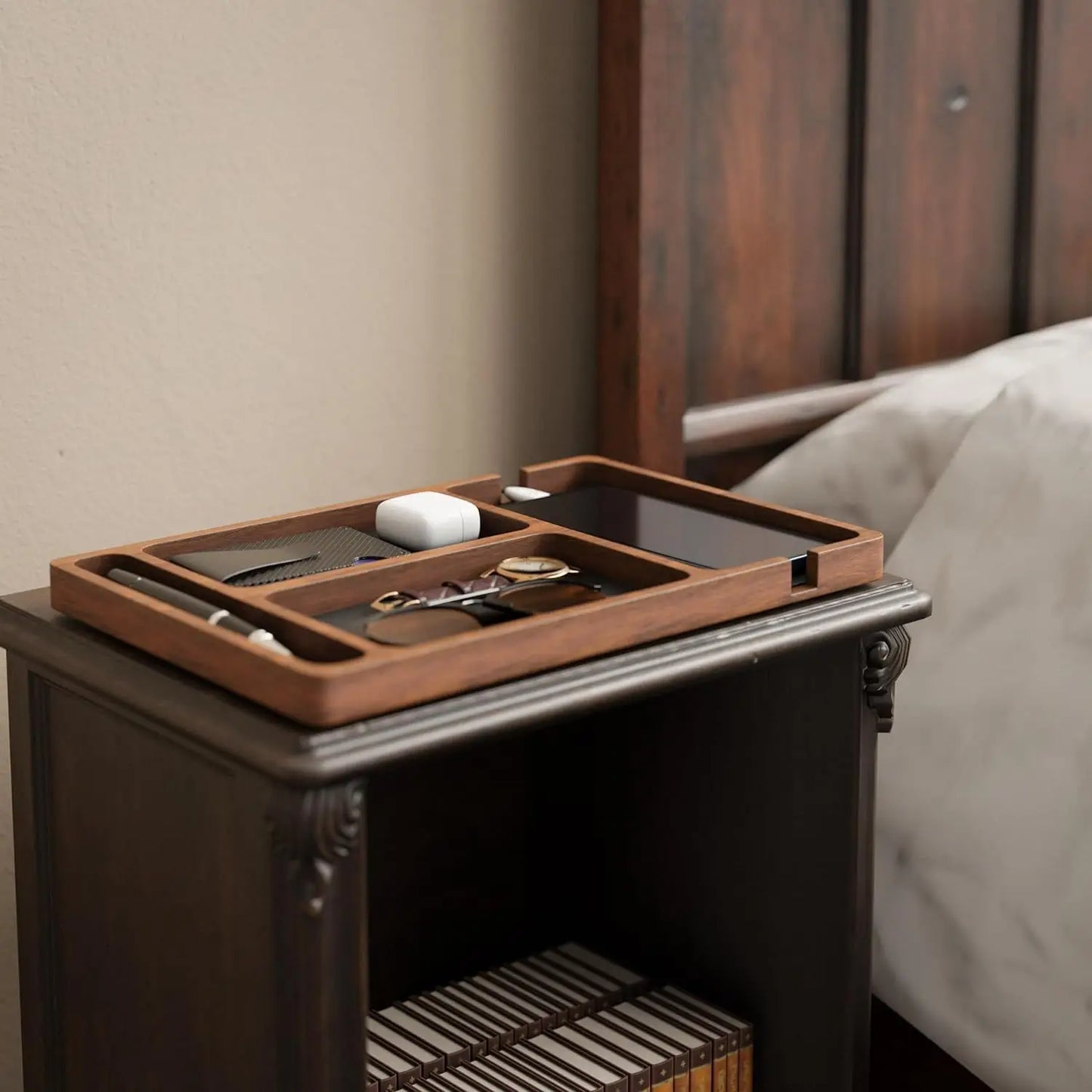 Wooden Desktop Storage Box Solid Wood Partition Organizer Phone Headphone Debris Tray Office Desk