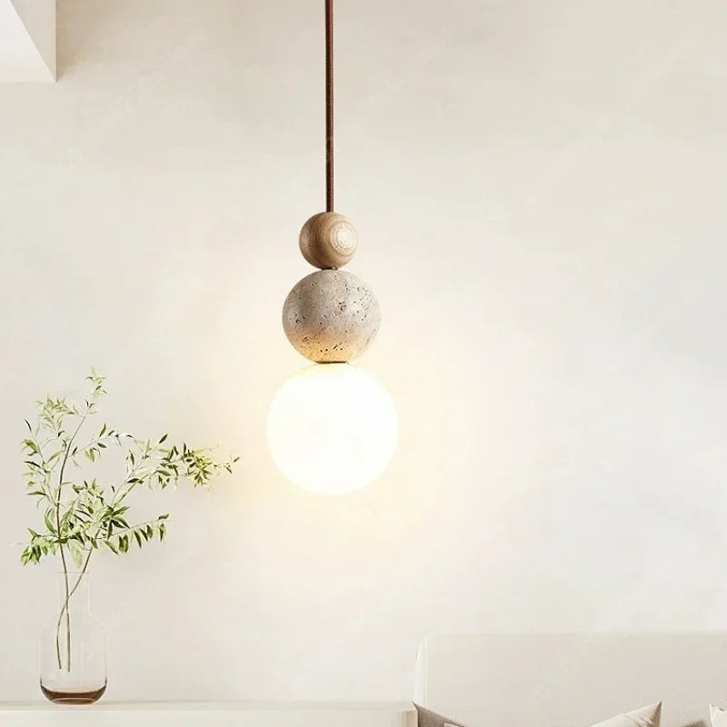 Cream Yellow Travertine Pendant Light Natural Stone Wood Bedroom Bedside Nordic Wabi Sabi Warm