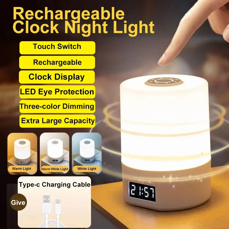 LED Desk Lamp with Clock – USB Rechargeable Touch Dimmer Bedside