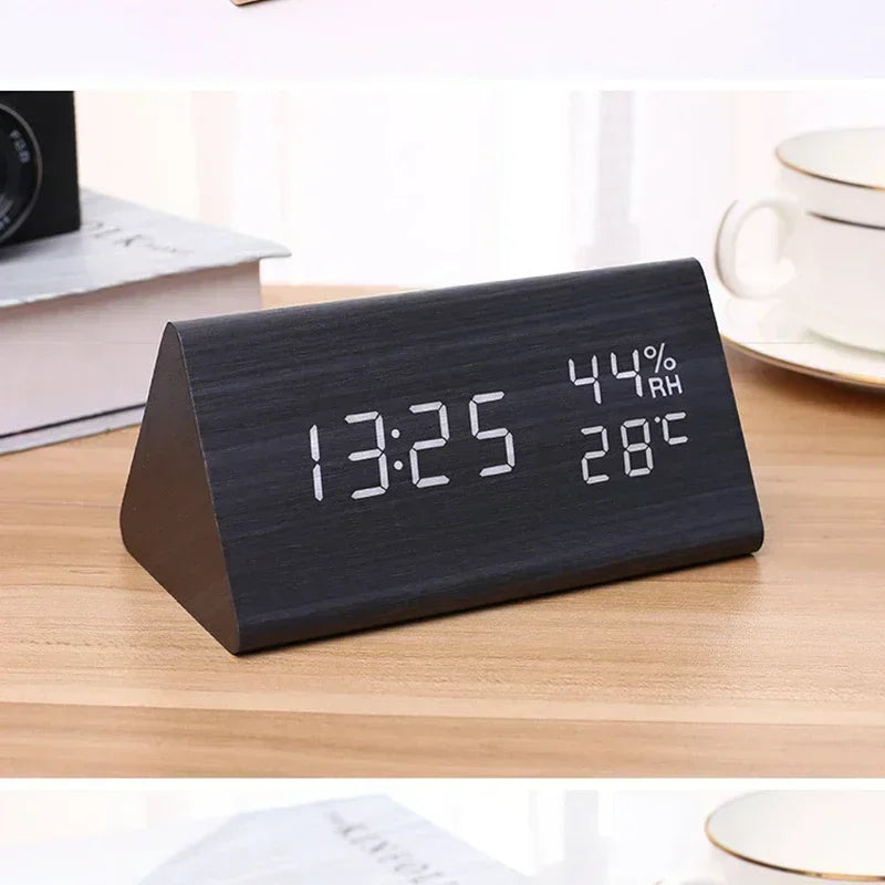 LED Digital Alarm Clock Wooden Desk Clock with Temperature & Sound Control Bedside Alarm Clock