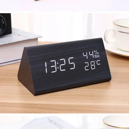 LED Digital Alarm Clock Wooden Desk Clock with Temperature & Sound Control Bedside Alarm Clock
