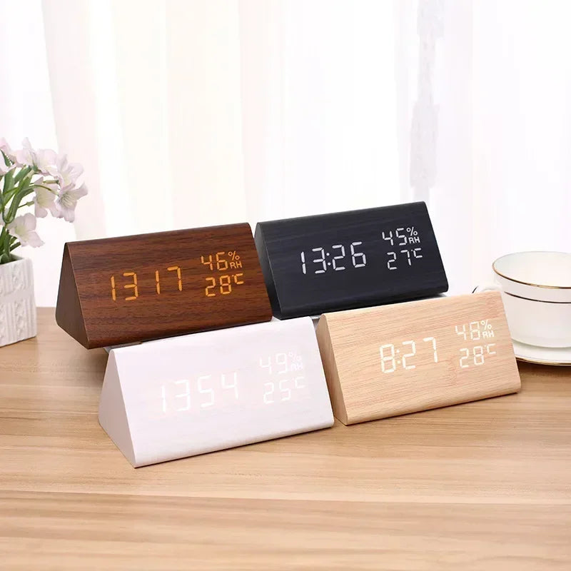 LED Digital Alarm Clock Wooden Desk Clock with Temperature & Sound Control Bedside Alarm Clock