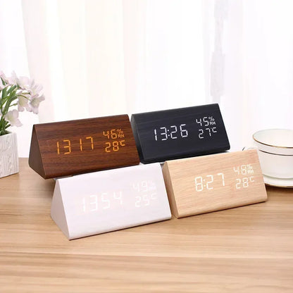 LED Digital Alarm Clock Wooden Desk Clock with Temperature & Sound Control Bedside Alarm Clock