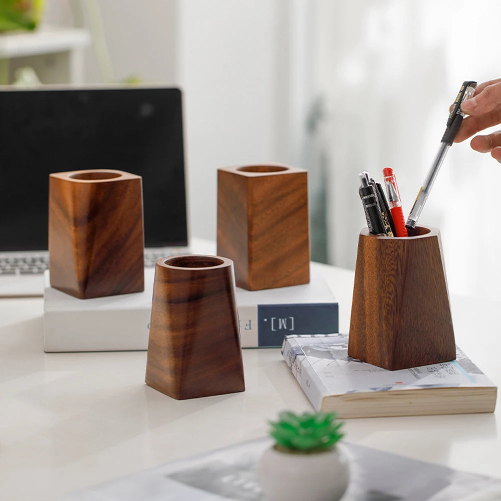 Walnut Wood Pen Pot Holder Desktop Organiser Basket Office Desk Stationery Storage Cup Pencil