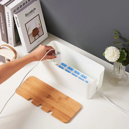 Large Wooden Cable Management Box Extra-Large Capacity Wooden-Style Cover Under-Desk Ready