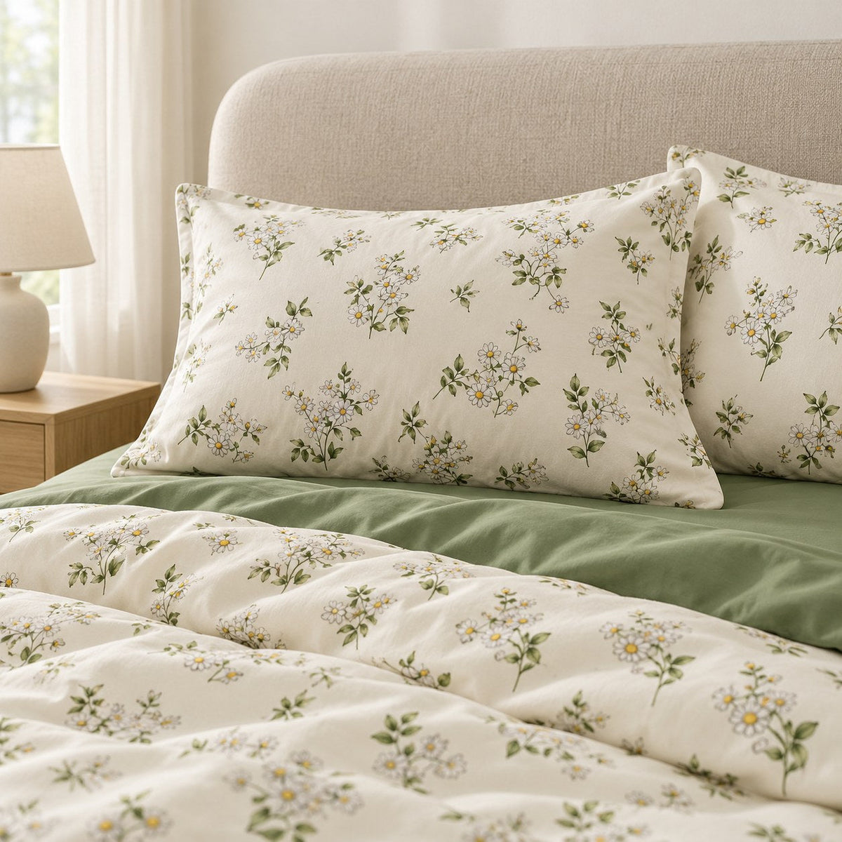 Chamomile Floral Duvet Cover Set Vintage Ivory and Sage Bedding