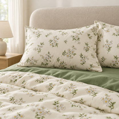 Chamomile Floral Duvet Cover Set Vintage Ivory and Sage Bedding