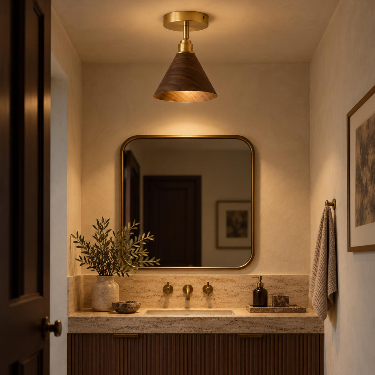 Walnut Wood Semi-Flush Ceiling Light Brushed Brass LED E27 Mid-Century