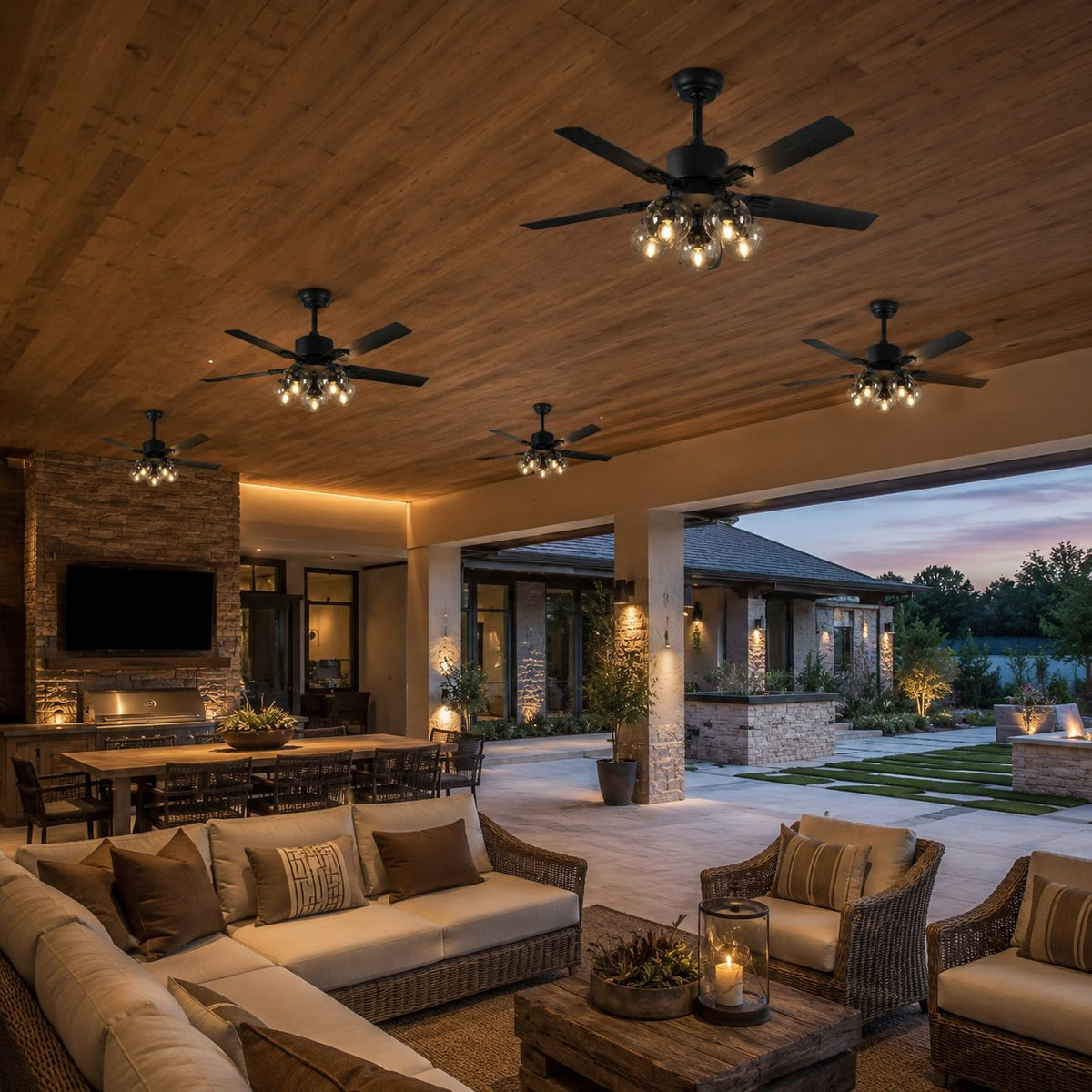 Industrial Black Metal Ceiling Fan with LED Light 3-Speed in Three Sizes