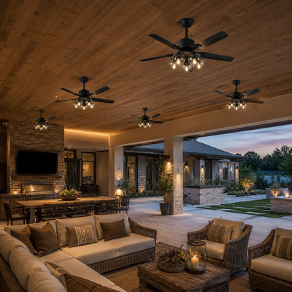 Industrial Black Metal Ceiling Fan with LED Light 3-Speed in Three Sizes