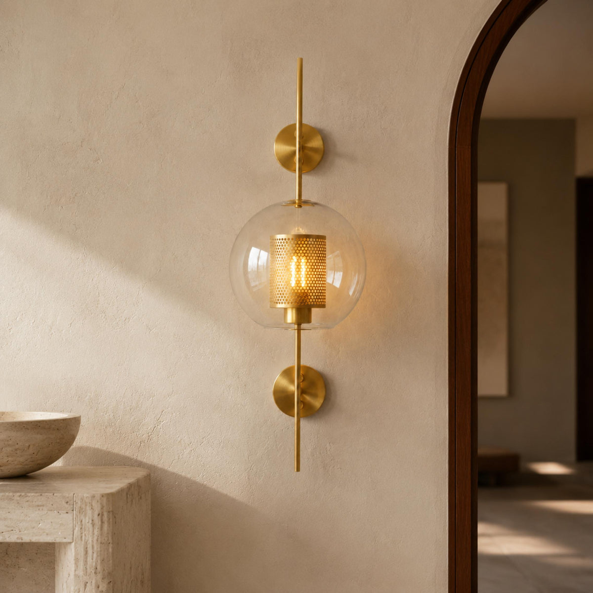 Clear Glass Wall Light Brass Wall Mounted LED Sconce