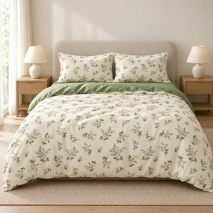 Chamomile Floral Duvet Cover Set Vintage Ivory and Sage Bedding