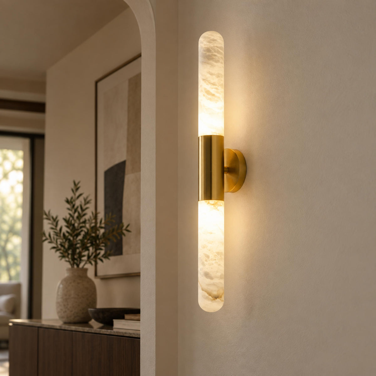 Alabaster Wall Light Brushed Metal Warm LED Sconce