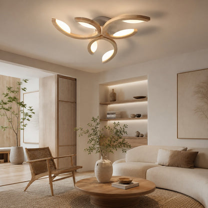 Modern Leaf Flush Mount Ceiling Light Natural Oak Wood Acrylic LED Dimmable 3-5 Light Options