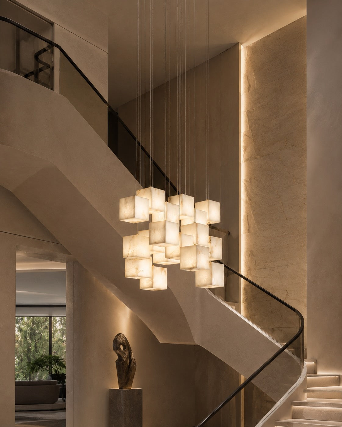 Alabaster Box Pendant Light Hanging LED Adjustable Height