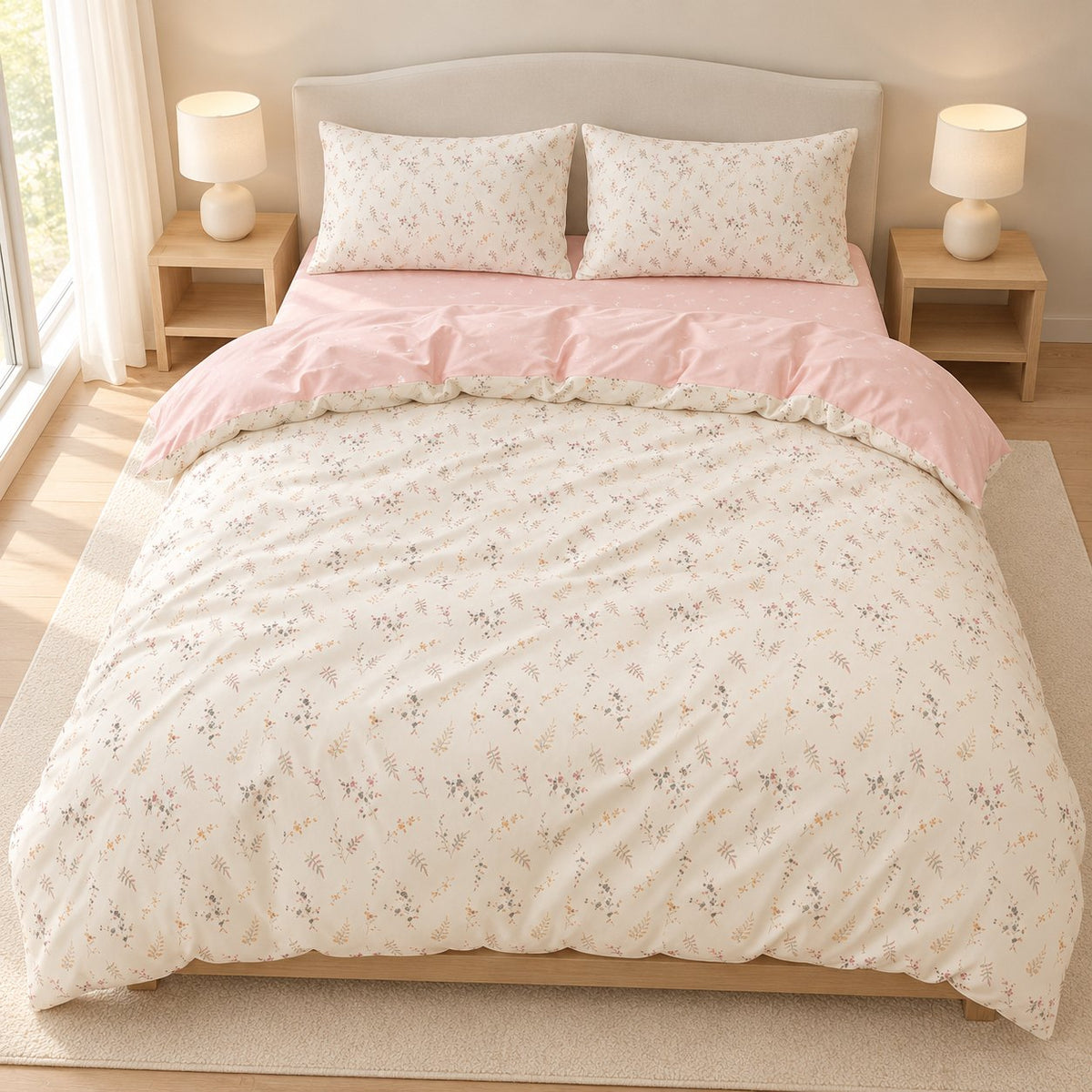 Pale Pink Floral Duvet Cover Set Vintage Romantic Bedding with Flat Sheet