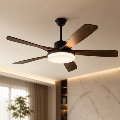 Five Blade Wood Grain DC Ceiling Fan with LED Light Tri-Colour 122 or 132 cm