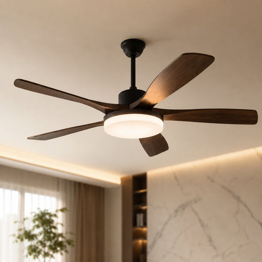 Five Blade Wood Grain DC Ceiling Fan with LED Light Tri-Colour 122 or 132 cm