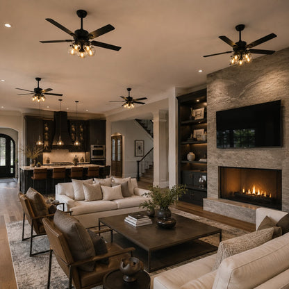 Industrial Black Metal Ceiling Fan with LED Light 3-Speed in Three Sizes