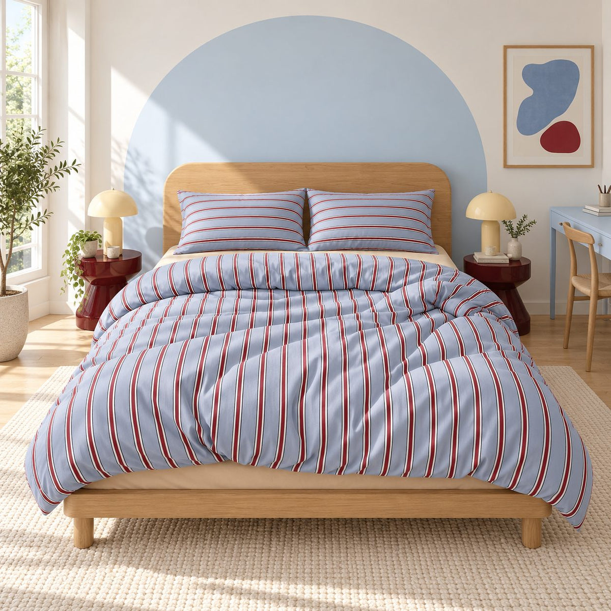 Light Blue and Red Stripe Bedding Set with Flat Sheet