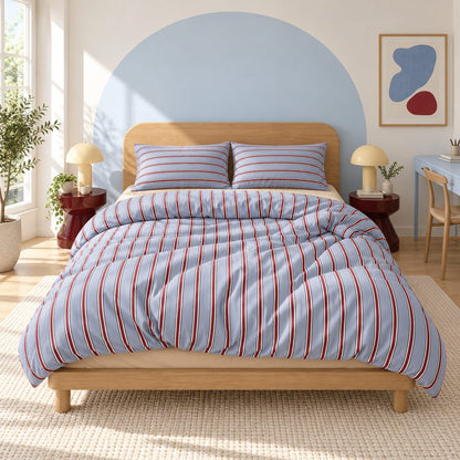 Light Blue and Red Stripe Bedding Set with Flat Sheet