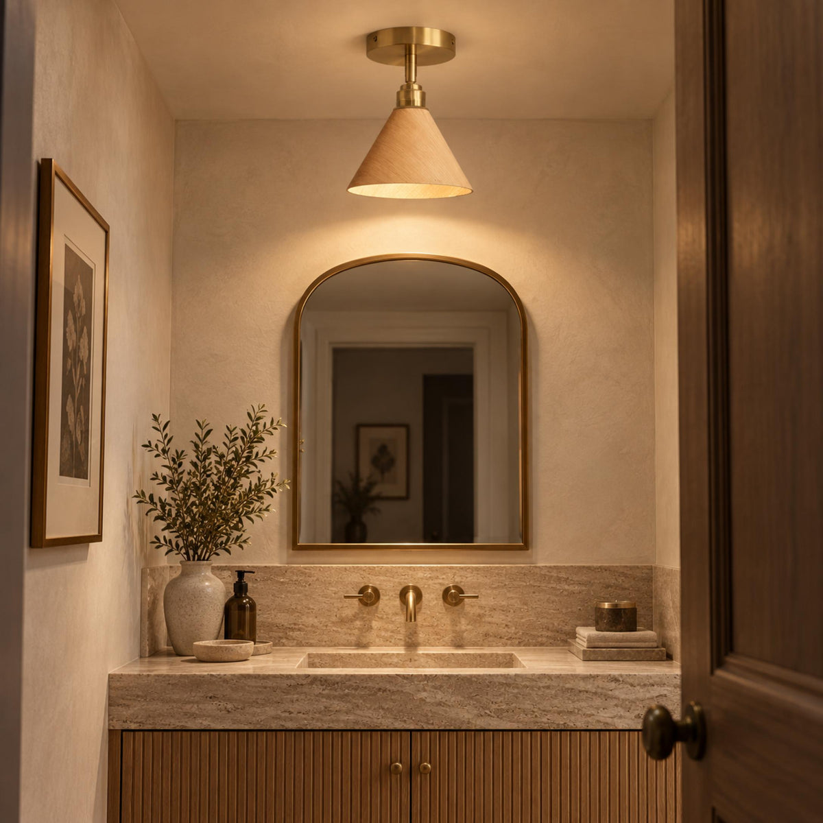 Walnut Wood Semi-Flush Ceiling Light Brushed Brass LED E27 Mid-Century