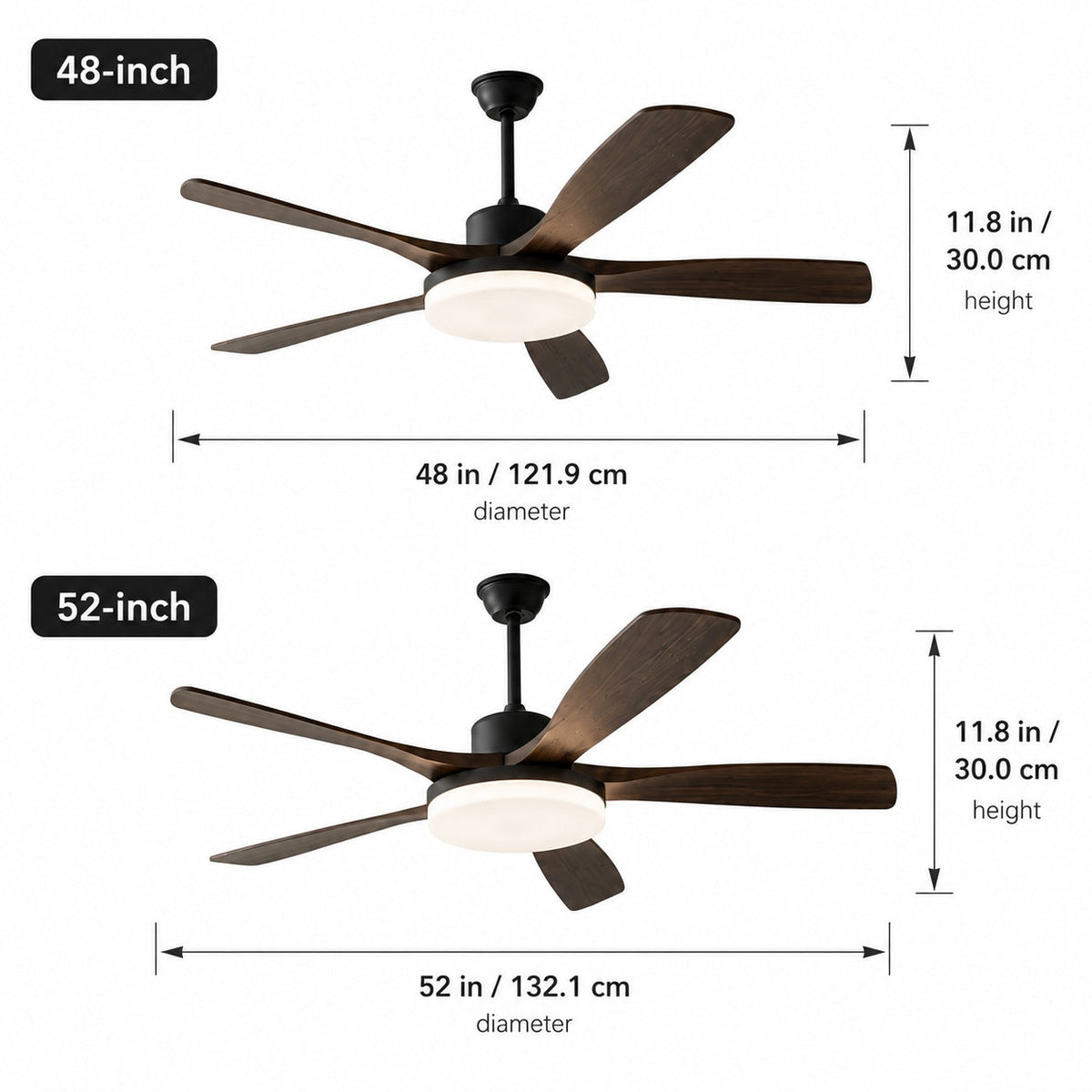 Five Blade Wood Grain DC Ceiling Fan with LED Light Tri-Colour 122 or 132 cm