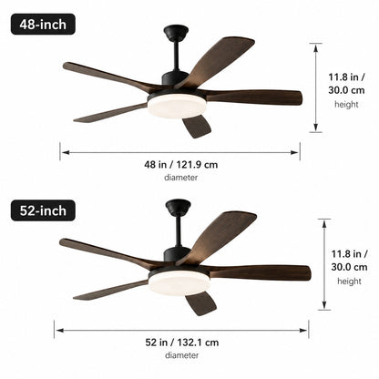Five Blade Wood Grain DC Ceiling Fan with LED Light Tri-Colour 122 or 132 cm