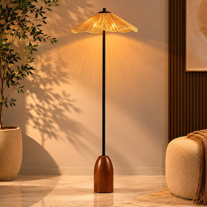 Raffia Shade Floor Lamp Walnut Base Adjustable LED