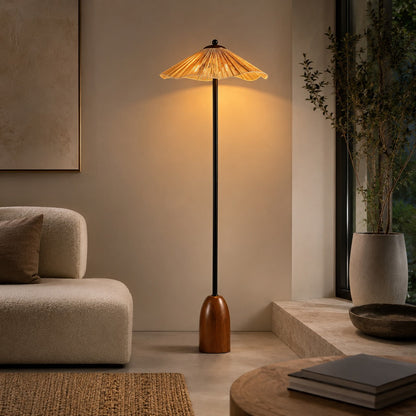 Raffia Shade Floor Lamp Walnut Base Adjustable LED