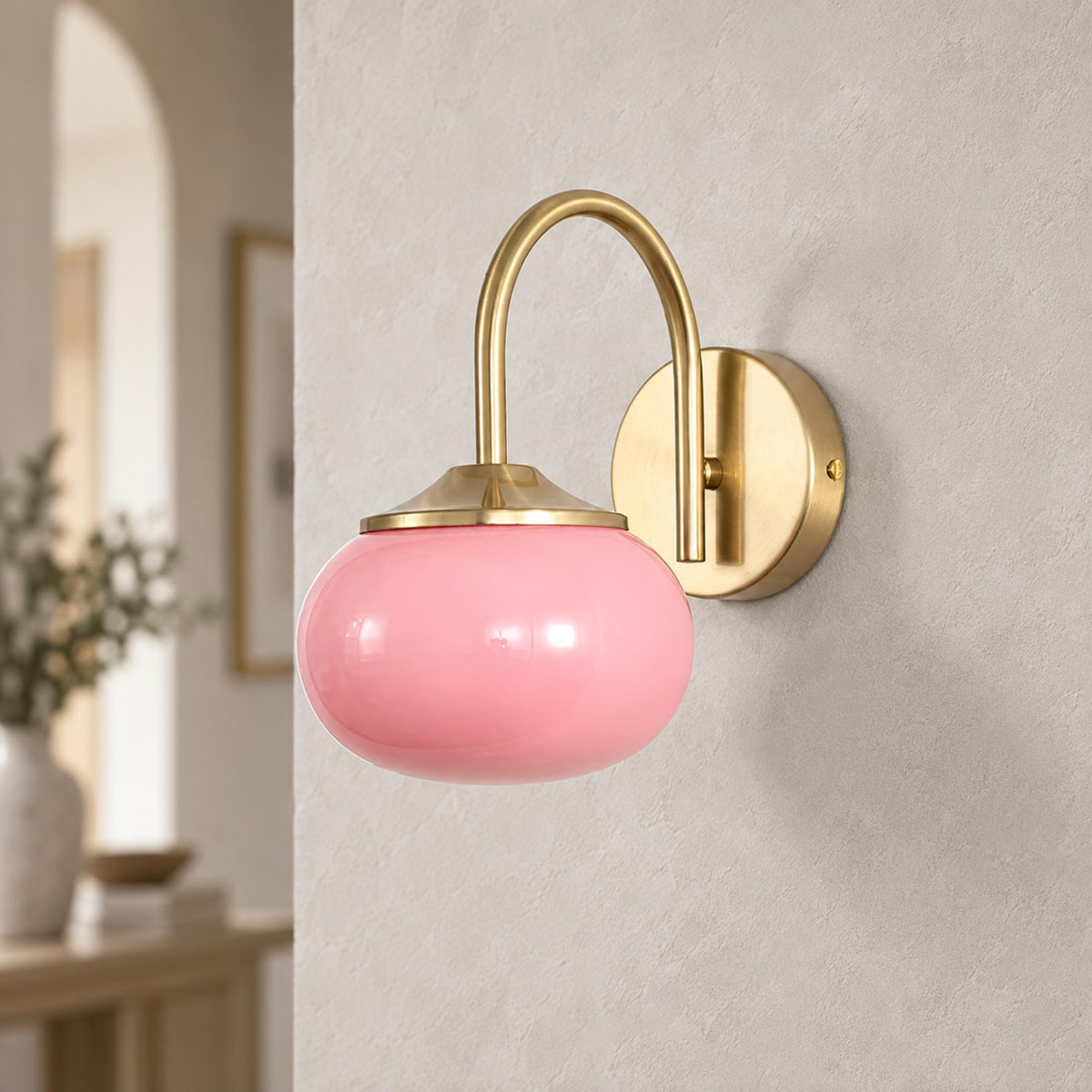 Copper Wall Light Pink Glass Shade LED Wall Sconce