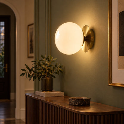 Marshmallow Glass Globe Wall Sconce Scalloped Metal LED