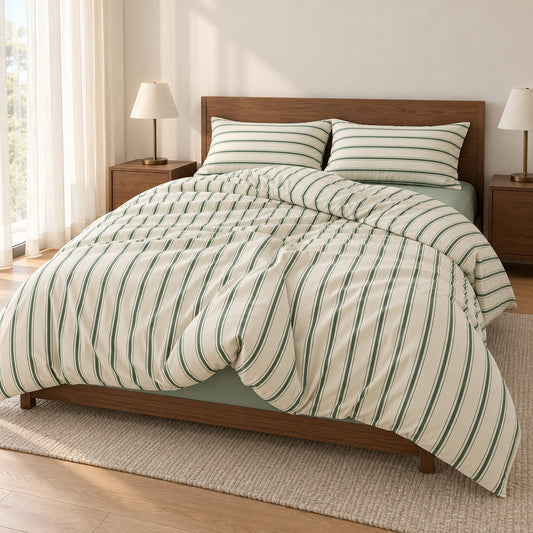 Sage Green Striped Bedding Set with Duvet Cover and Flat Sheet