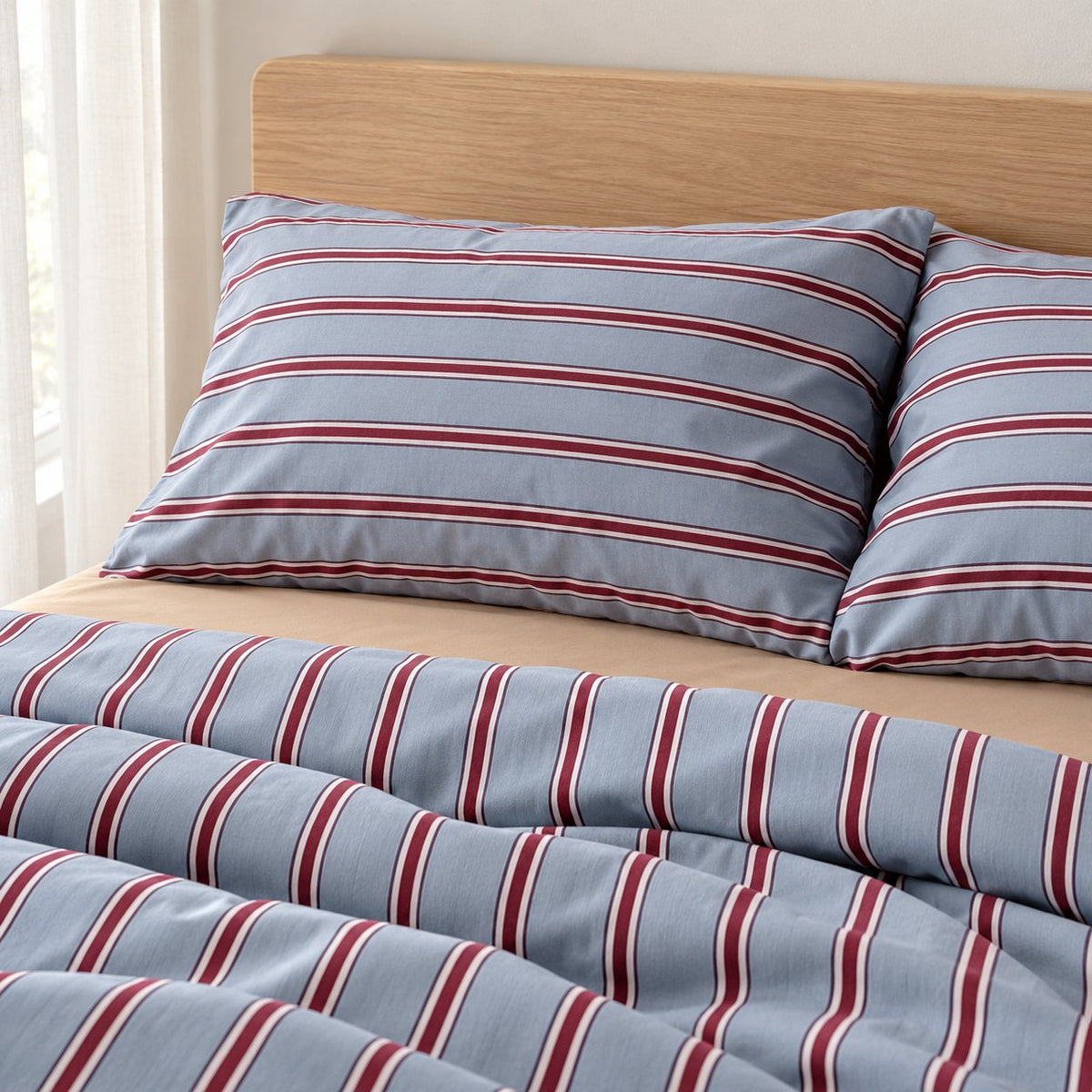 Light Blue and Red Stripe Bedding Set with Flat Sheet