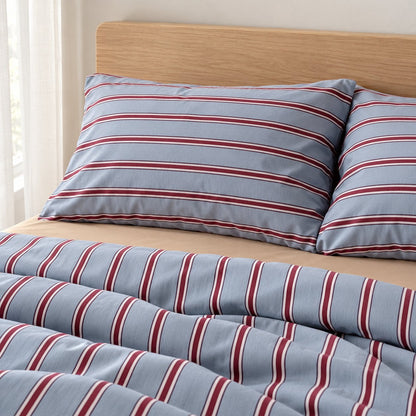 Light Blue and Red Stripe Bedding Set with Flat Sheet