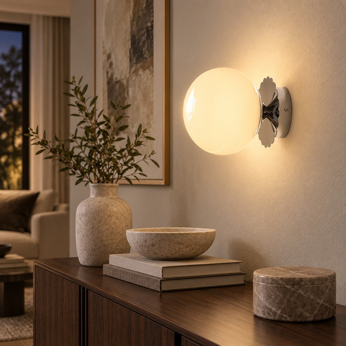 Marshmallow Glass Globe Wall Sconce Scalloped Metal LED