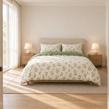Chamomile Floral Duvet Cover Set Vintage Ivory and Sage Bedding