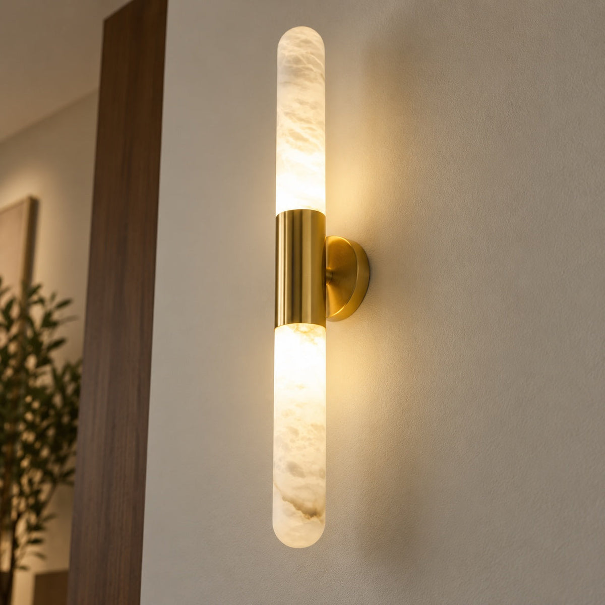 Alabaster Wall Light Brushed Metal Warm LED Sconce