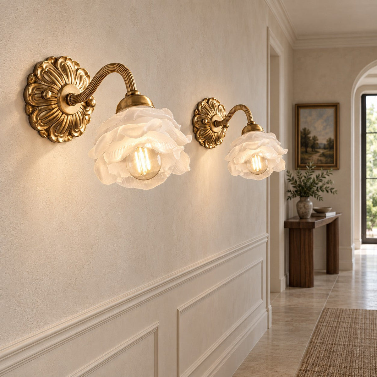 Rose Glass Wall Light Brass Sconce Decorative LED