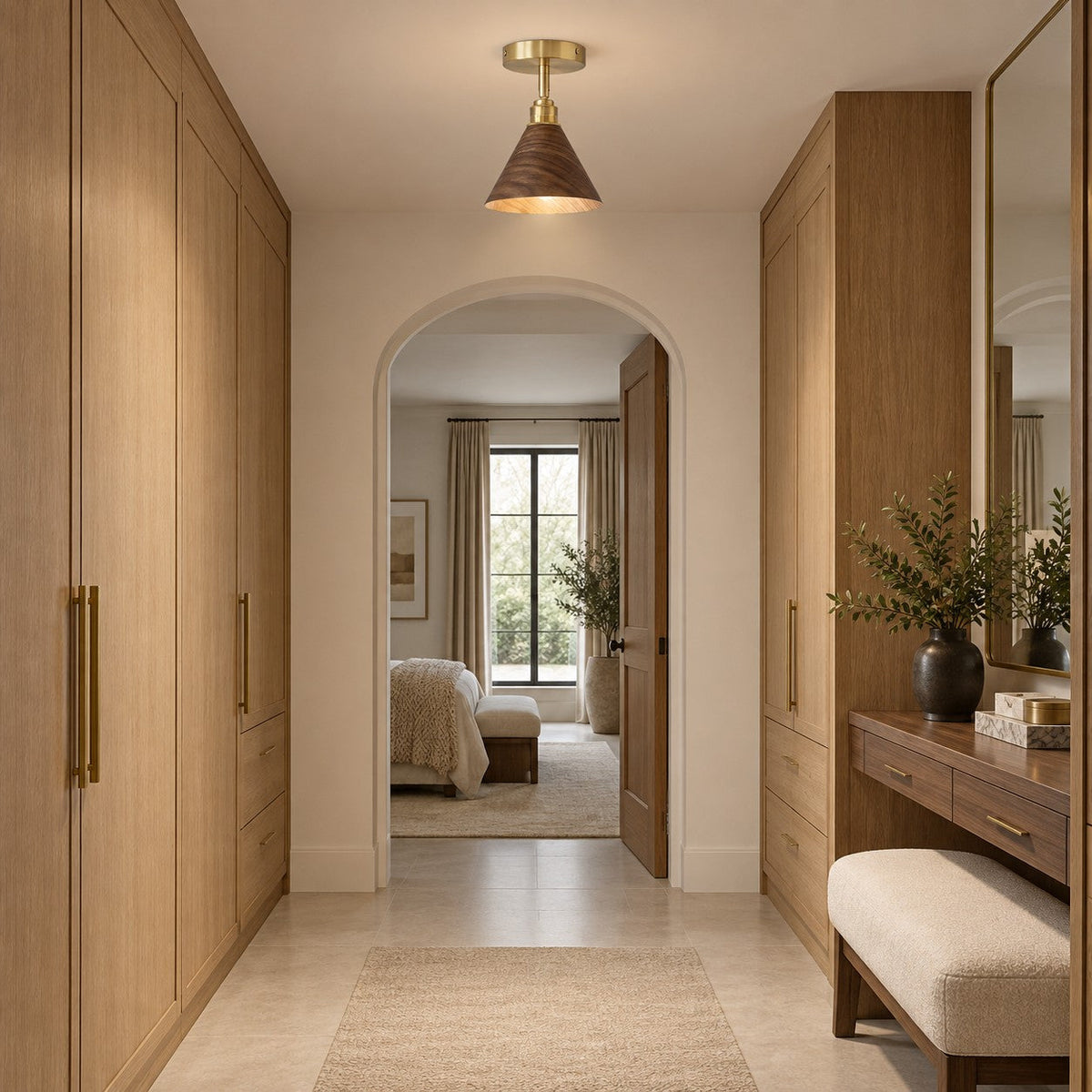 Walnut Wood Semi-Flush Ceiling Light Brushed Brass LED E27 Mid-Century