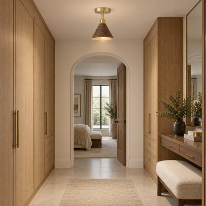 Walnut Wood Semi-Flush Ceiling Light Brushed Brass LED E27 Mid-Century
