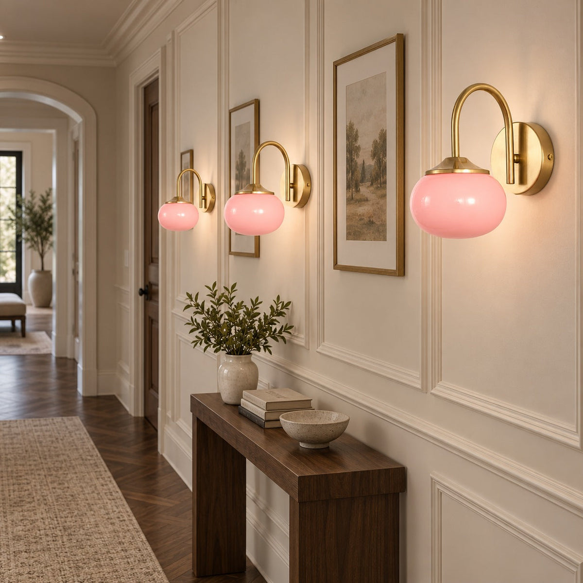 Copper Wall Light Pink Glass Shade LED Wall Sconce