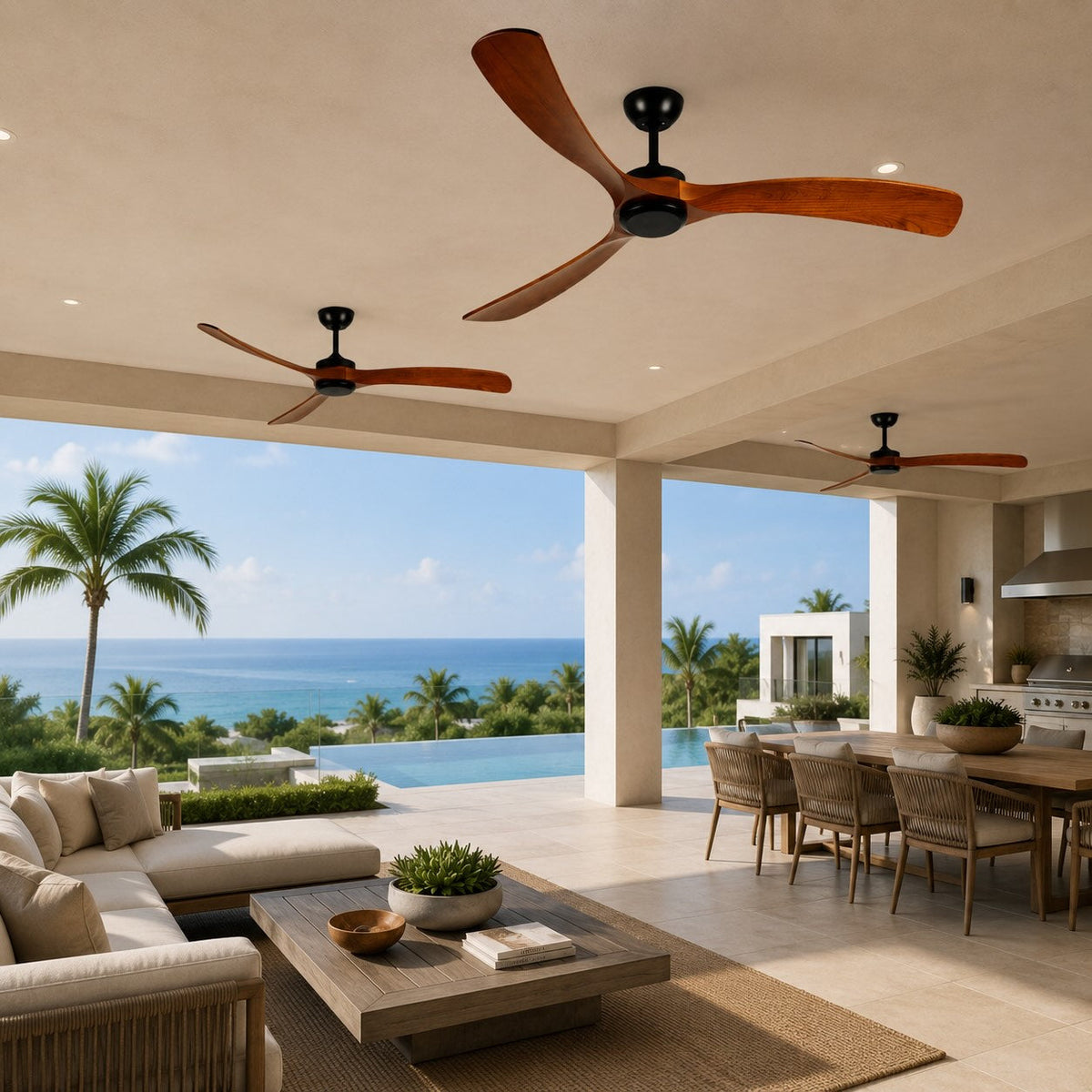 Walnut Wood Blade Outdoor Ceiling Fan IP65 Waterproof 6 Speed 105 to 152 cm