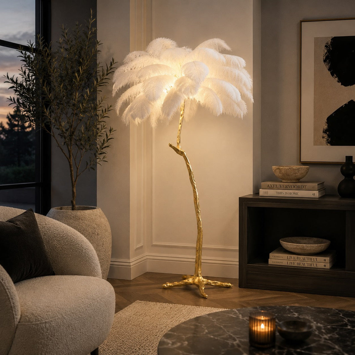 Ostrich Feather Floor Lamp Copper Base Ambient LED