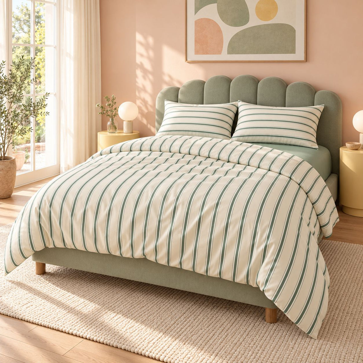 Sage Green Striped Bedding Set with Duvet Cover and Flat Sheet